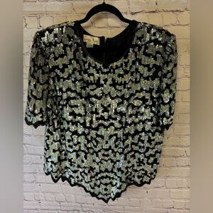 VINTAGE Laurence Kazar 80s Silk Glam Beaded Sequin Mob Wife Art Deco Top 2X